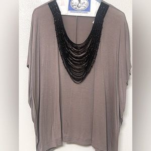 Collective Concept BrownFlowy Blouse with Black Beaded necklace Size Med